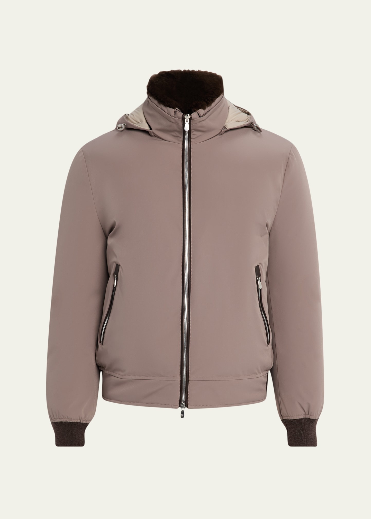 Men's Full-Zip Nylon and Shearling Jacket with Detachable Hood - 1