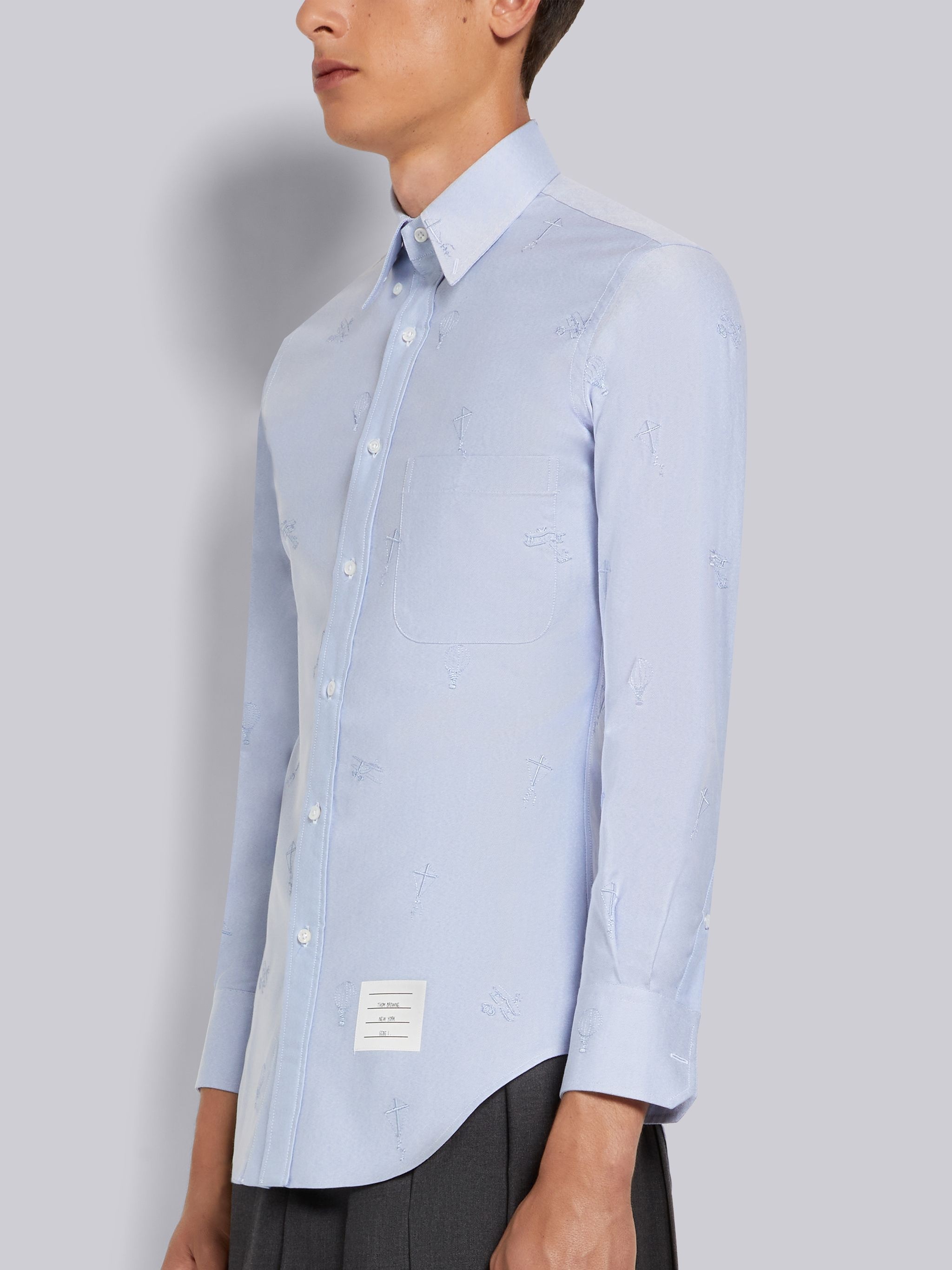 Light Blue Oxford Embroidered Half Drop Sky Icon Classic Fit Shirt - 2