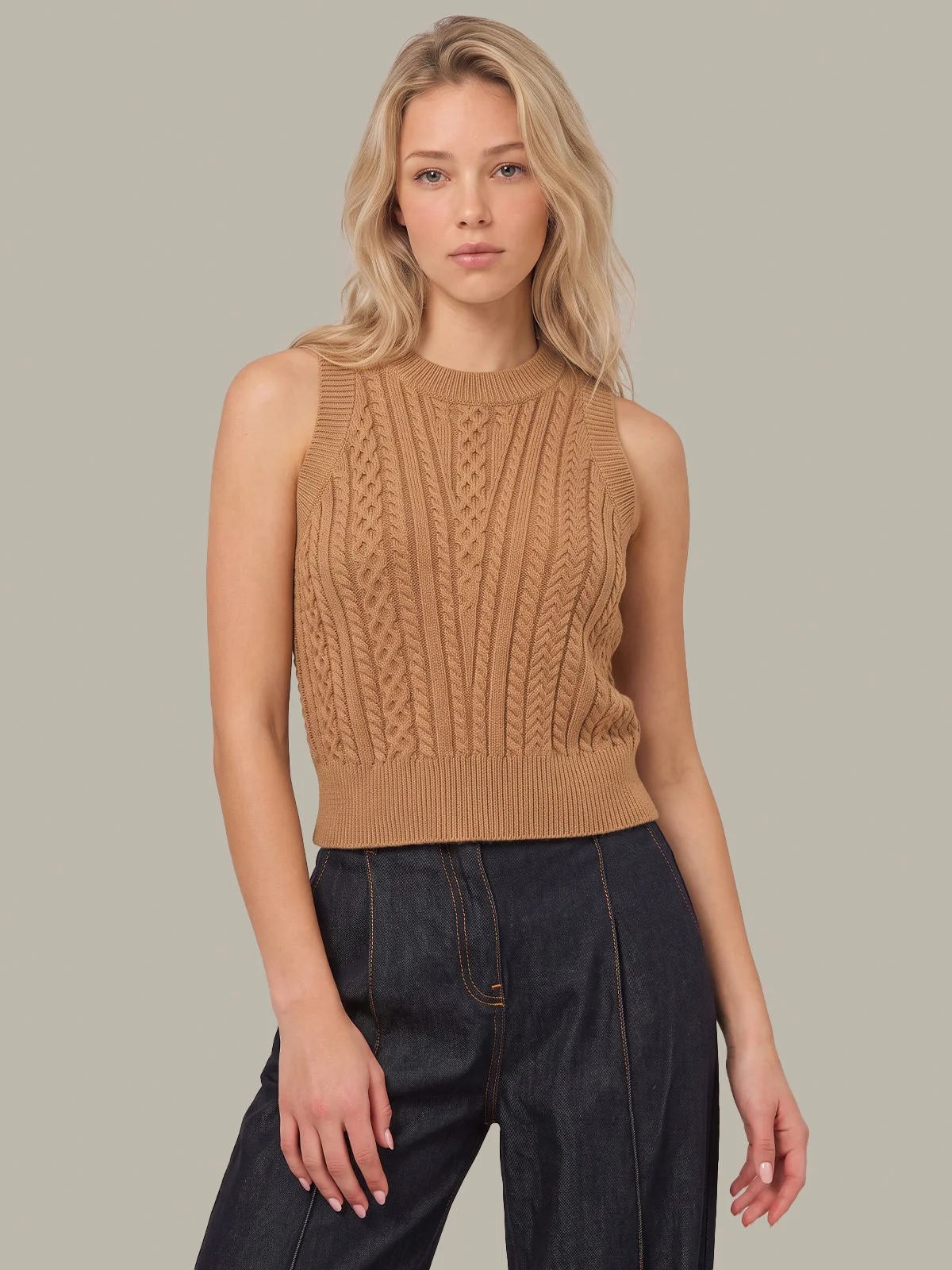 Dorothy: Cable Knit Cotton Crewneck Vest - 1