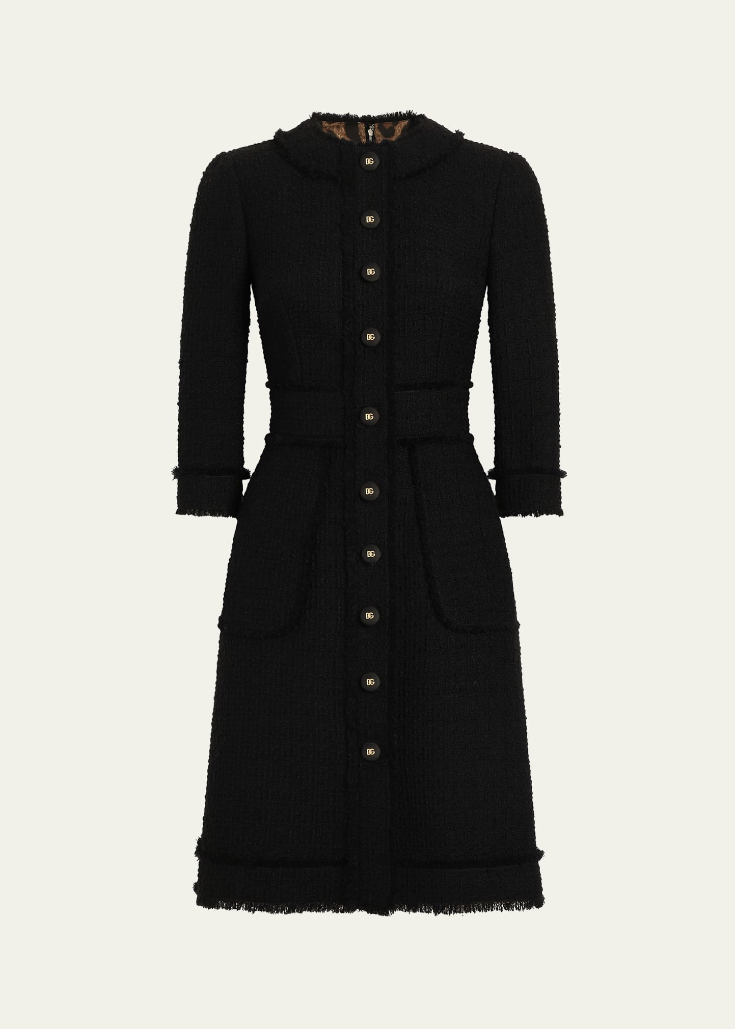Button-Front 3/4-Sleeve Tweed Dress - 1