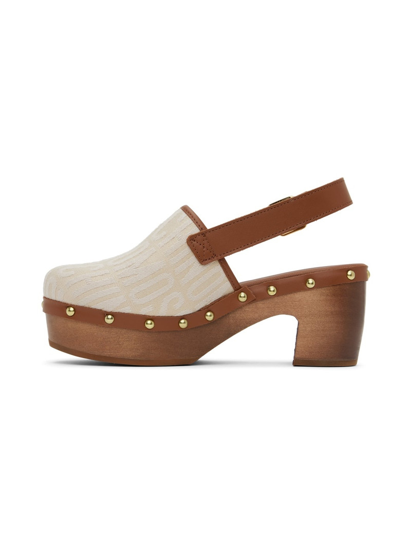 Off White & Brown Allover Logo Mules 3