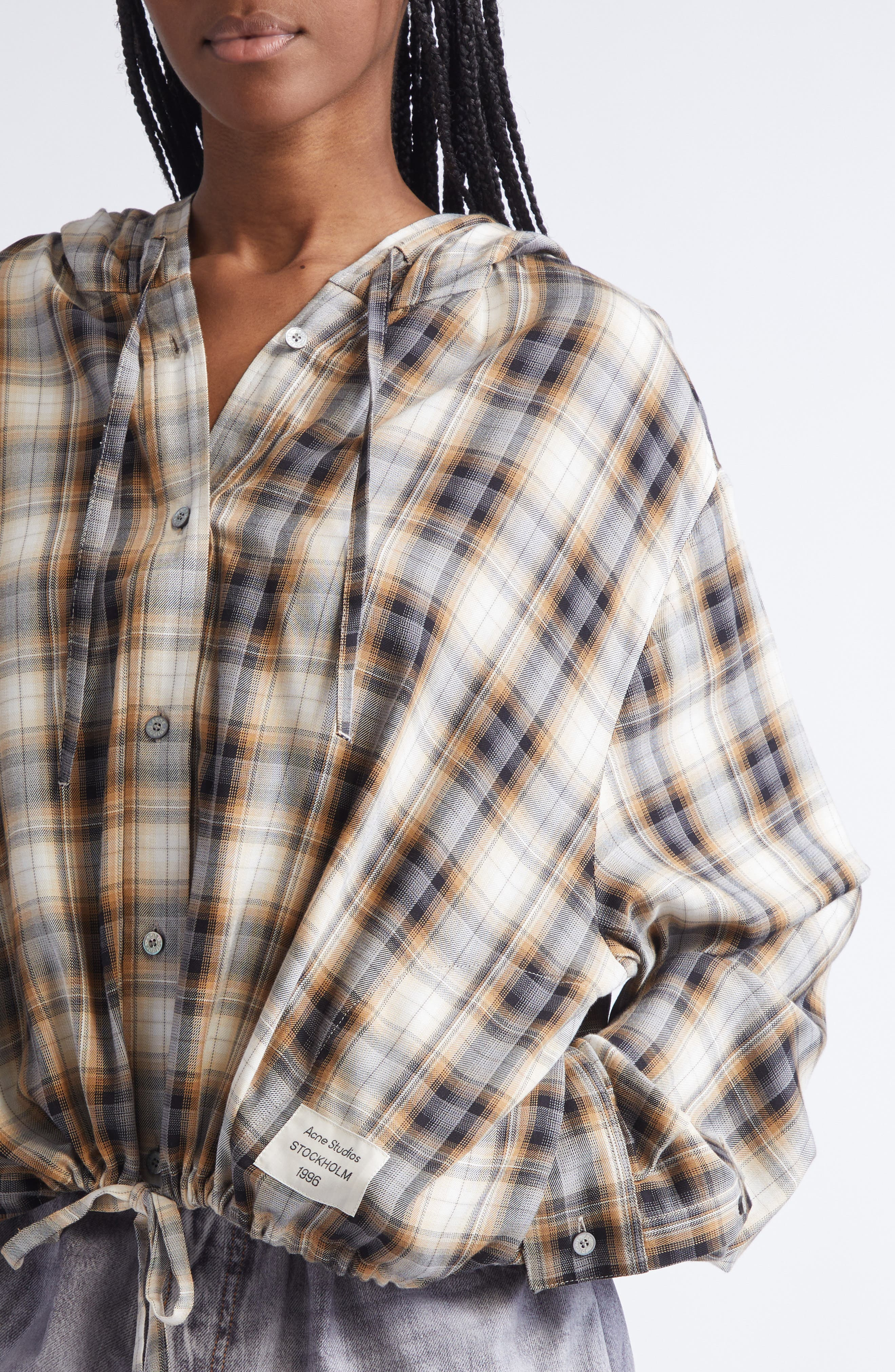 Acne Studios Sip Check Flannel Hooded Overshirt in Beige/Black at Nordstrom - 5