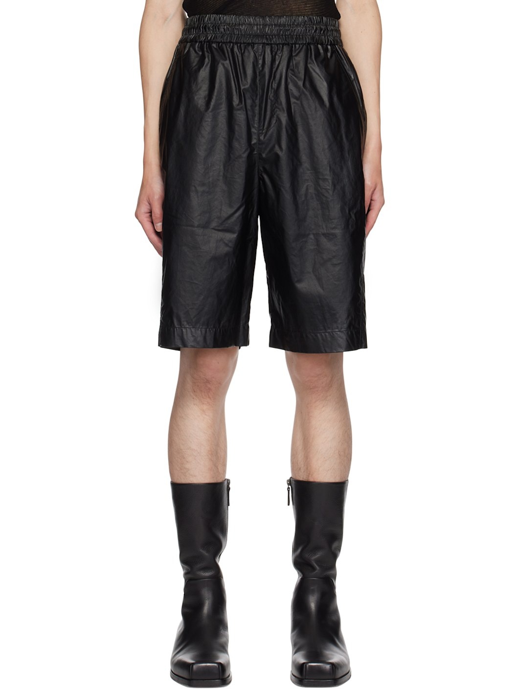 Black Drawstring Faux-Leather Bermuda Shorts - 1