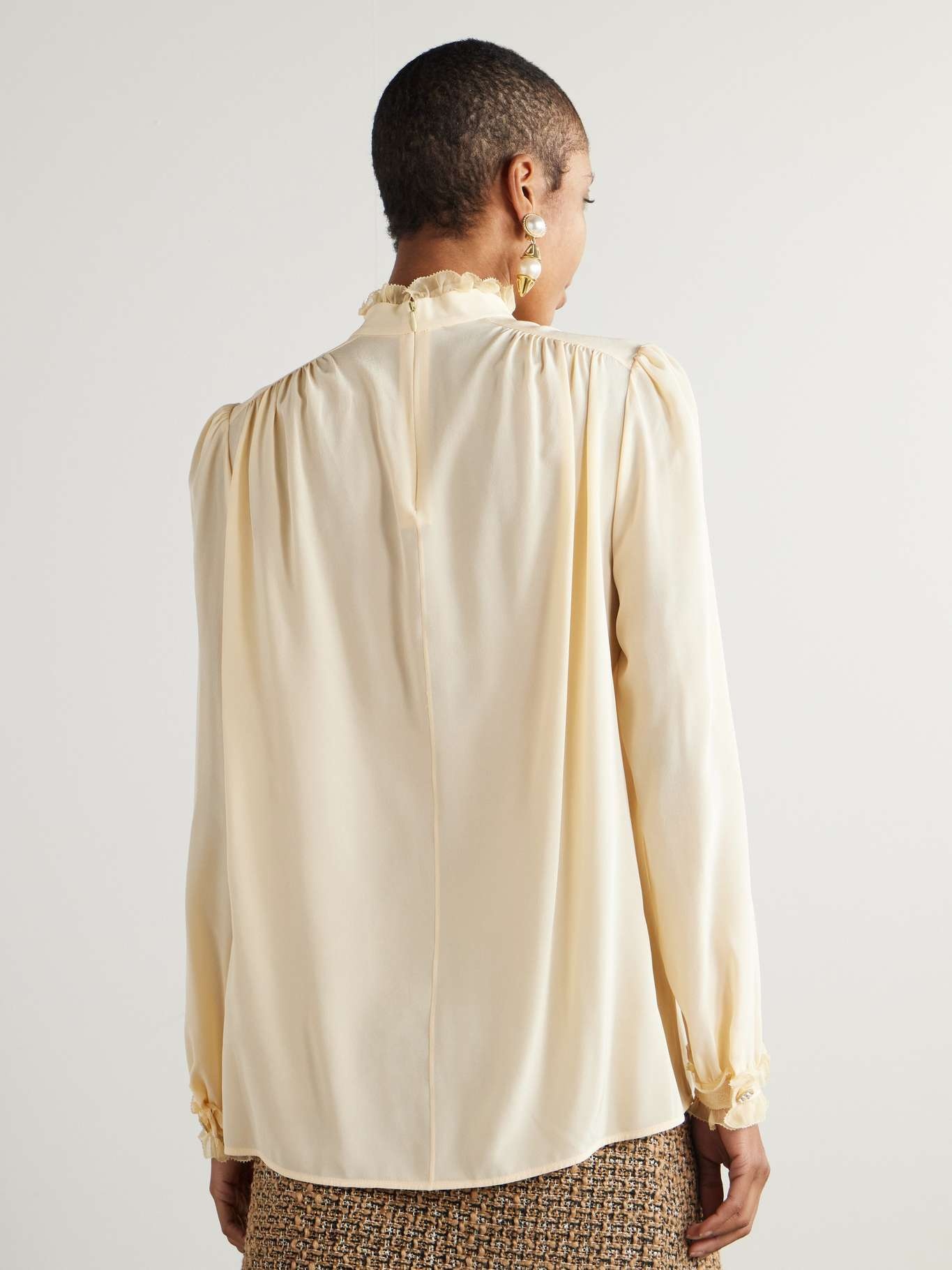 Ruffled pintucked lace-trimmed silk crepe de chine blouse Yellow - 4