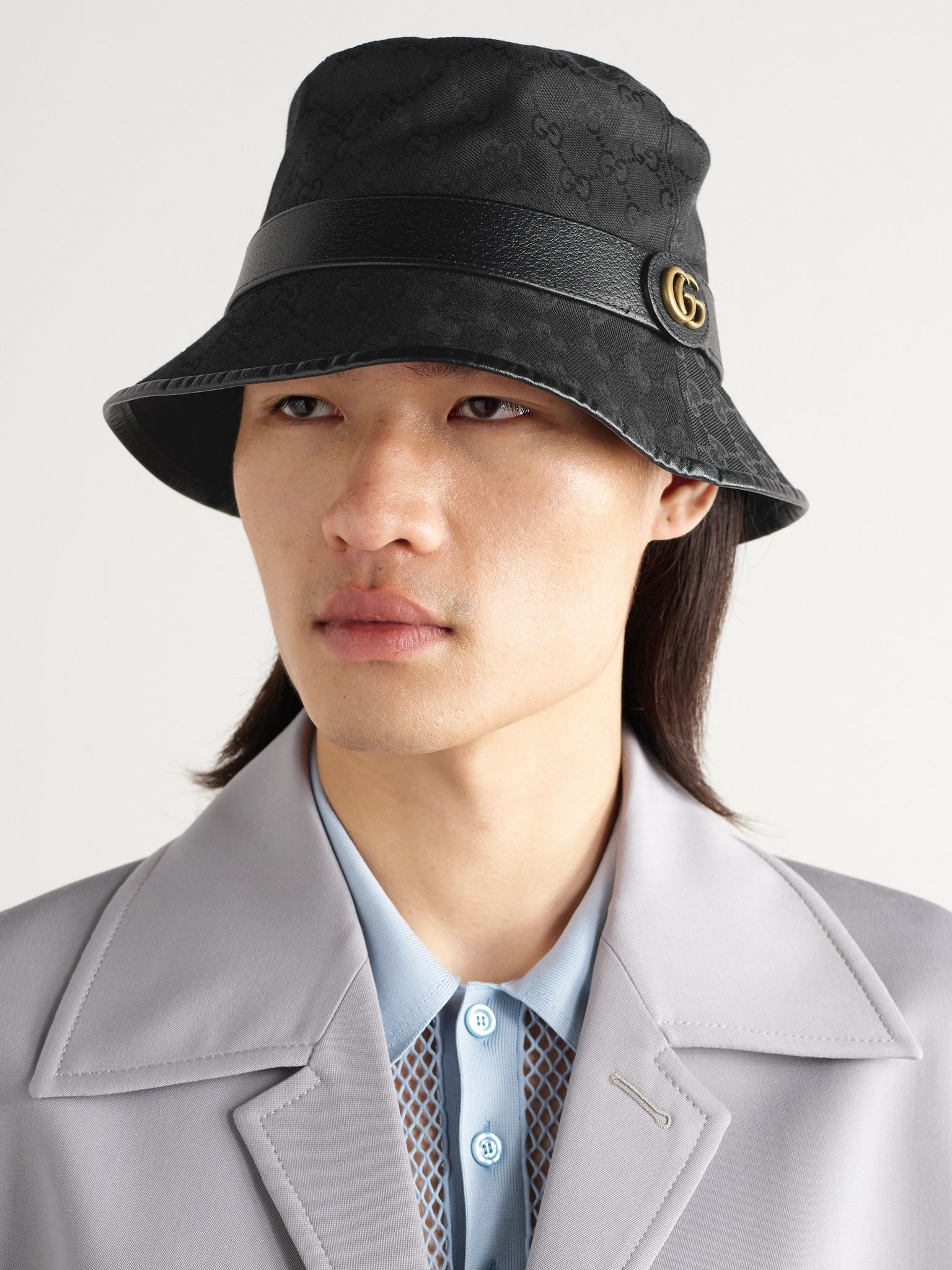 Leather-Trimmed Monogrammed Canvas Bucket Hat Black - 2