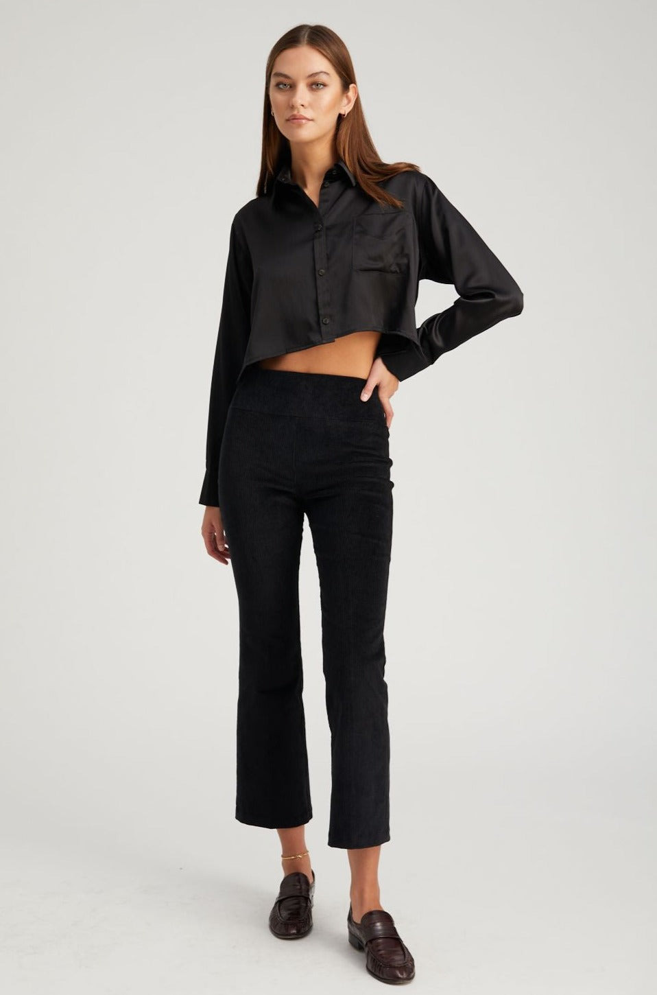 BLACK SILK CROPPED BUTTON DOWN - 2