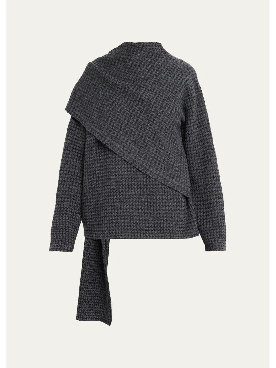 Draped-Scarf Houndstooth Sweater - 1