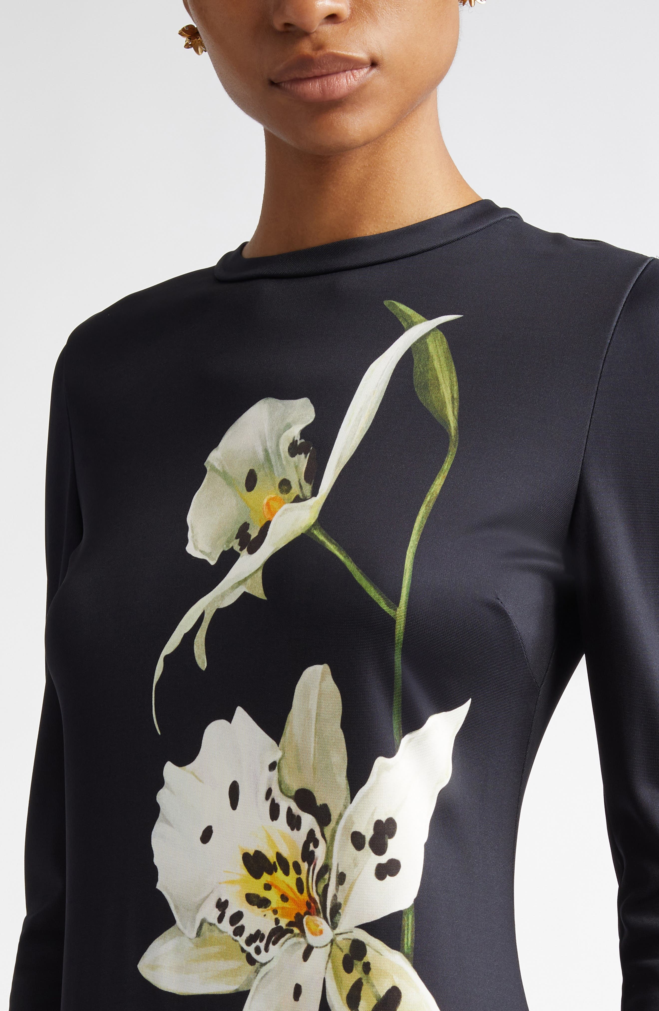 Oscar de la Renta Orchid Print Long Sleeve Jersey Dress in Dark Navy Multi at Nordstrom - 4