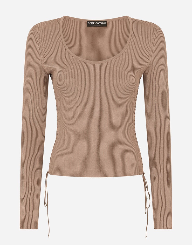 Viscose ribbed sweater with lacing and eyelets - 1
