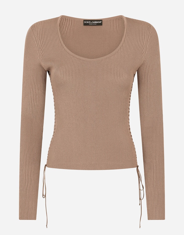 Viscose ribbed sweater with lacing and eyelets - 1