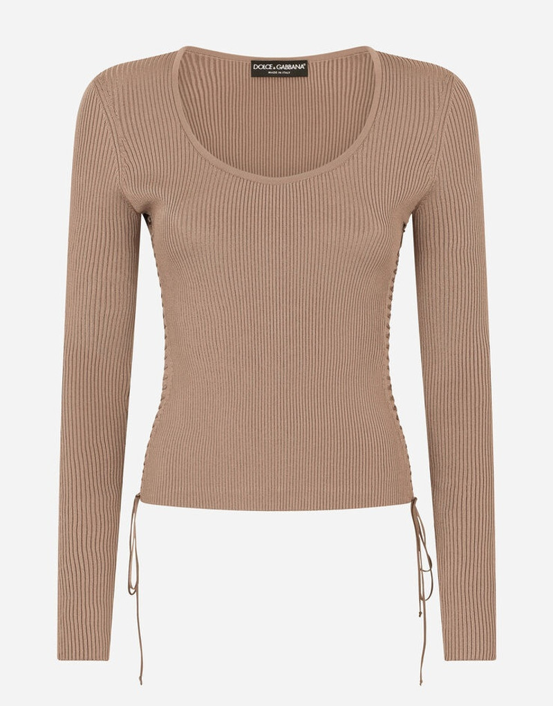 Viscose ribbed sweater with lacing and eyelets 1