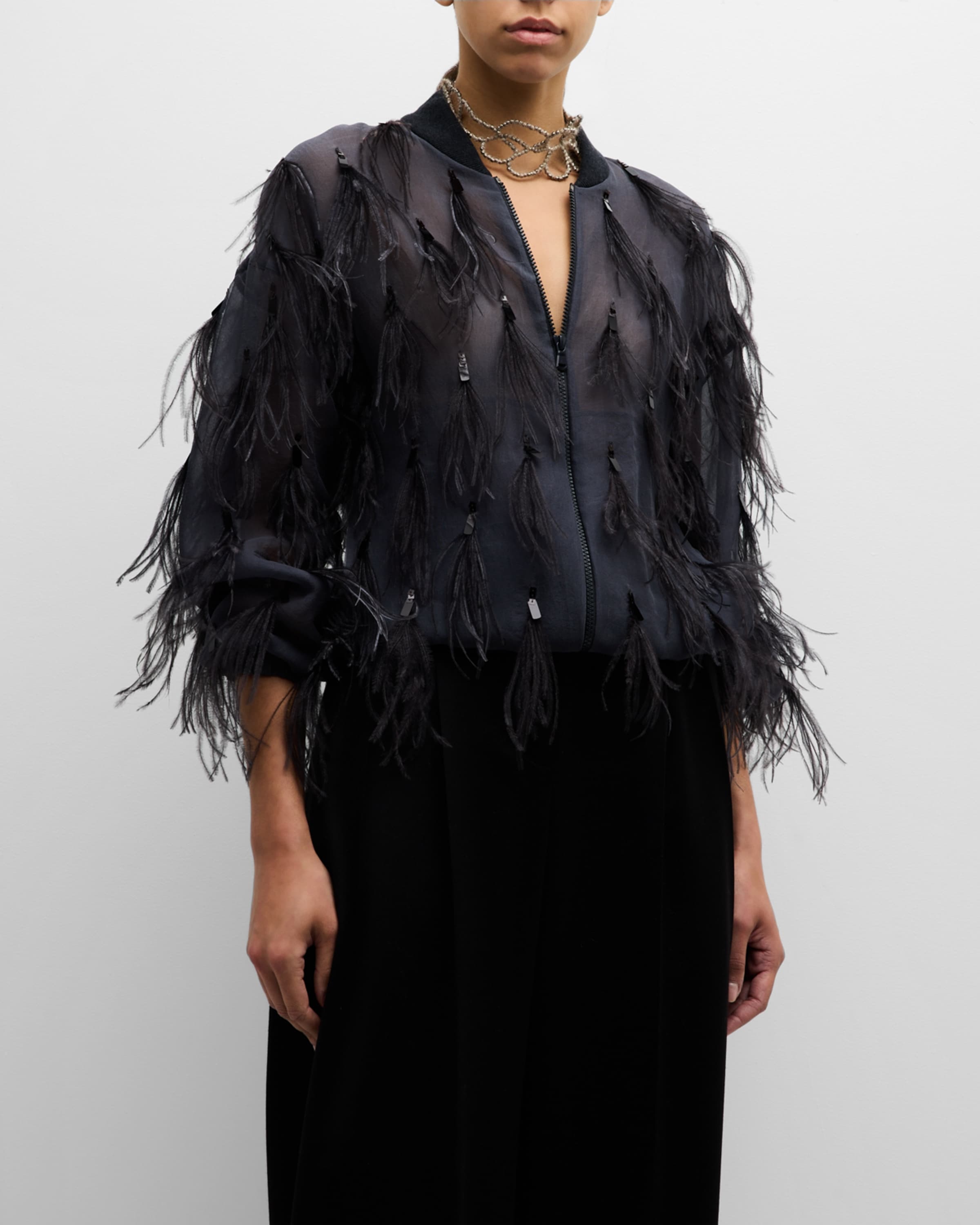 Crispy Silk Organza Bomber Jacket with Feather and Shiny Embroidery - 2