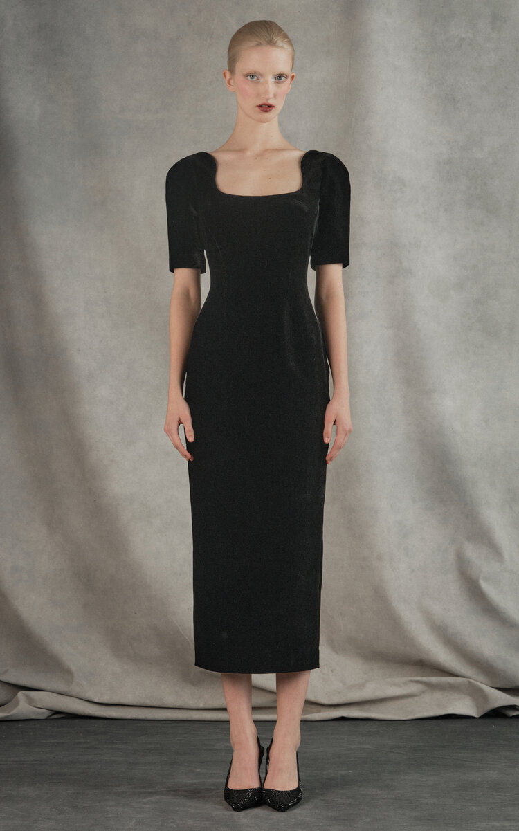 Scoop-Neck Velvet Midi Dress black - 2