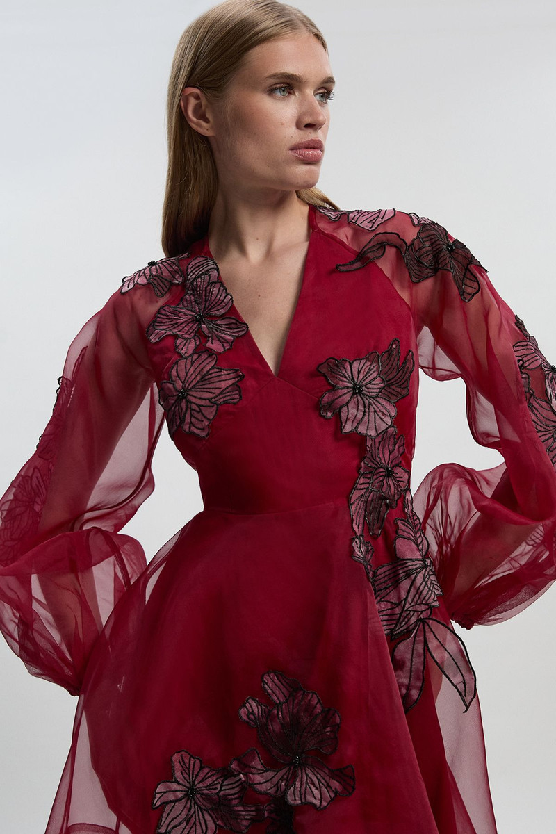 KAREN MILLEN Floral Applique Organdie Woven Balloon Sleeve Mini Dress outlook