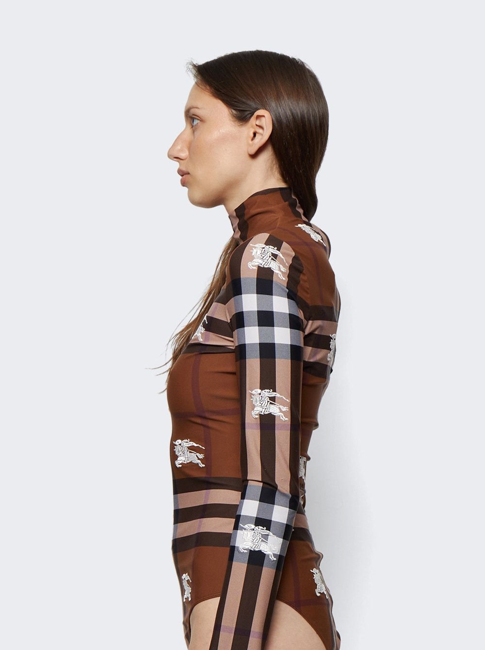 Embroidered Check Stretch Jersey Bodysuit Dark Birch Brown - 4
