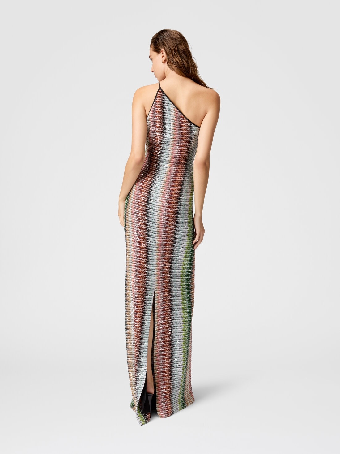 Long one-shoulder dress in gradient zigzag knit with sequins - 3