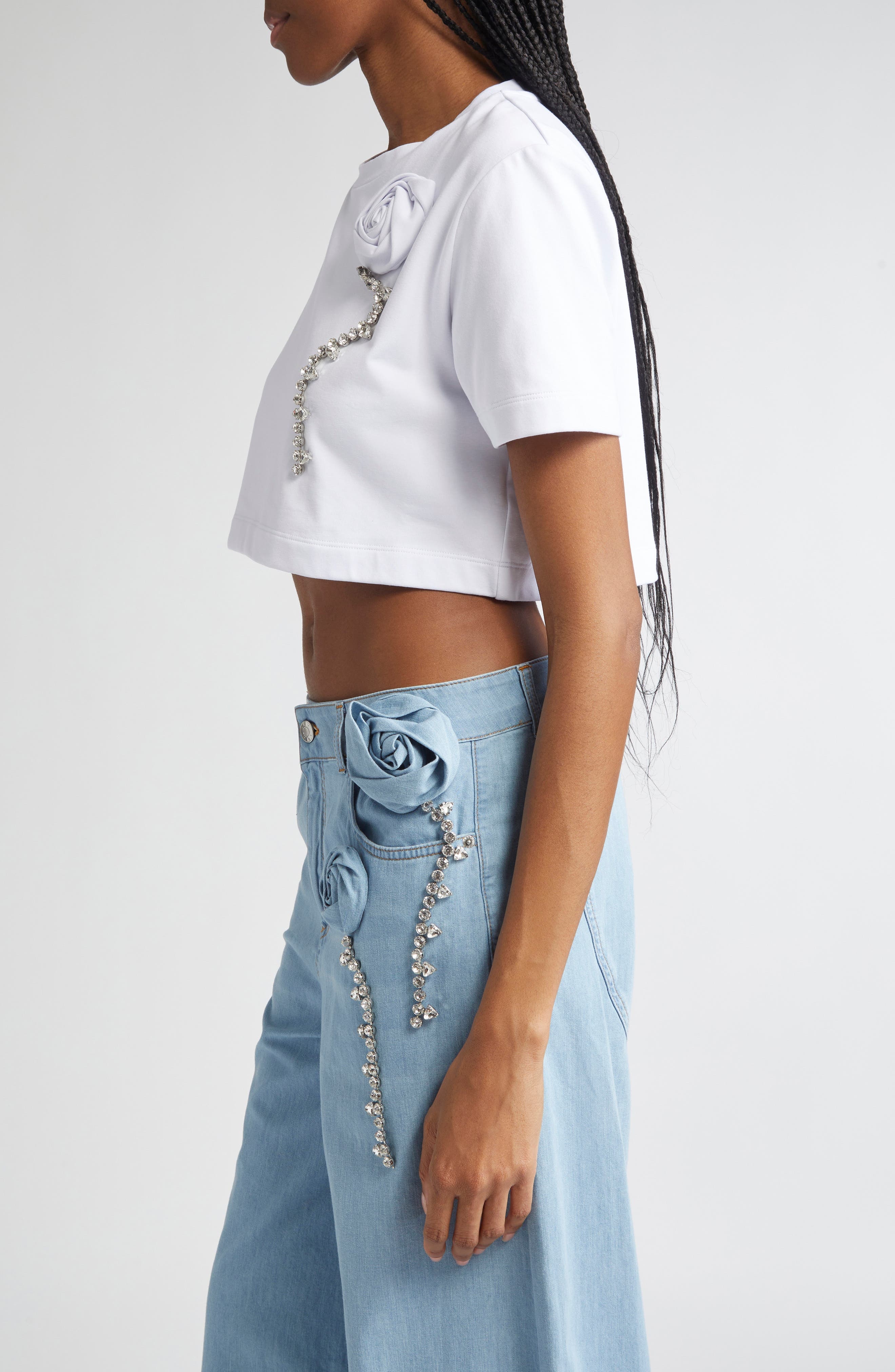 Area Crystal Rosette Crop T-Shirt in White at Nordstrom - 4