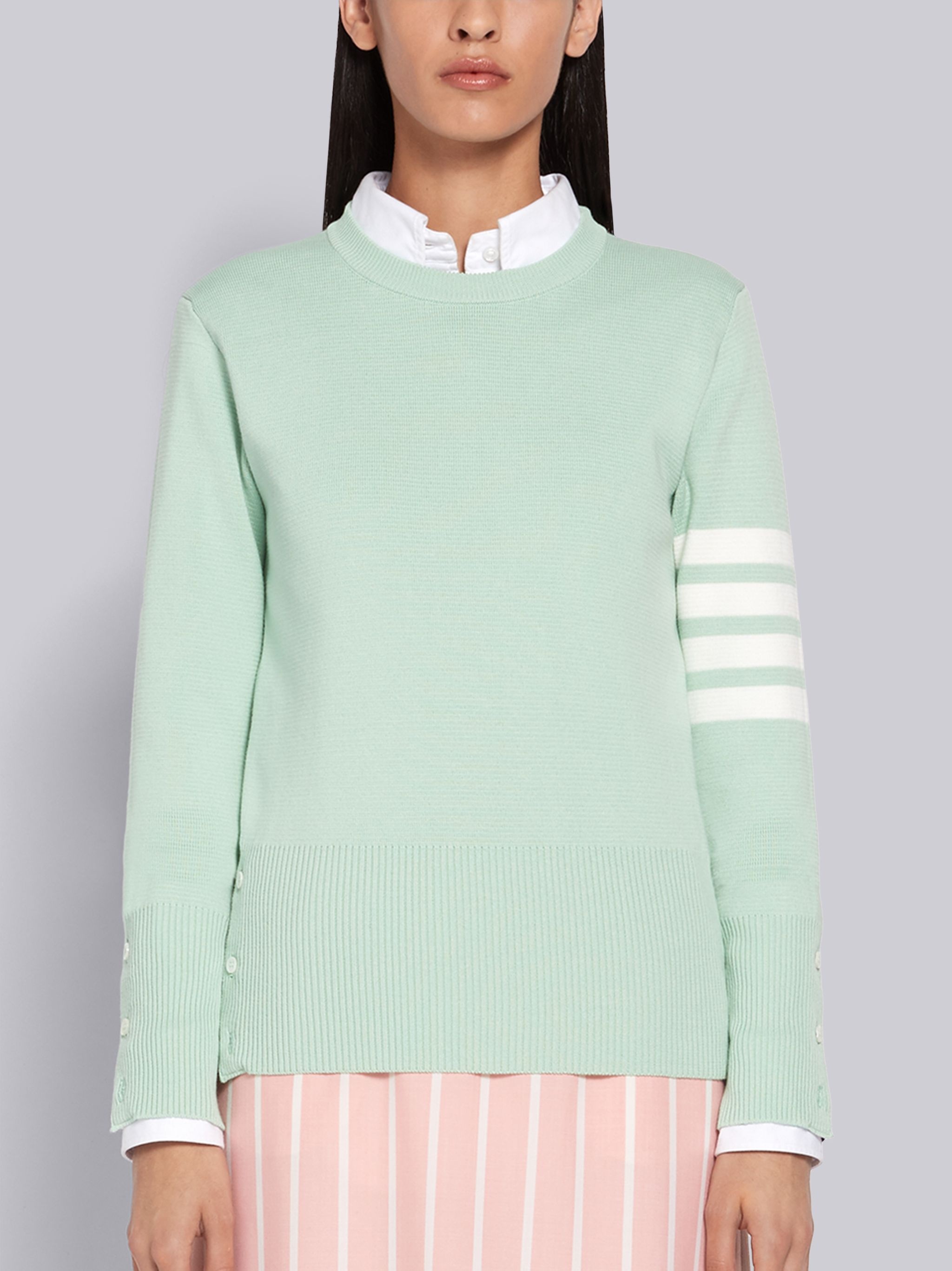 Green Cotton Crepe Milano Stitch Crewneck 4-Bar Pullover - 1