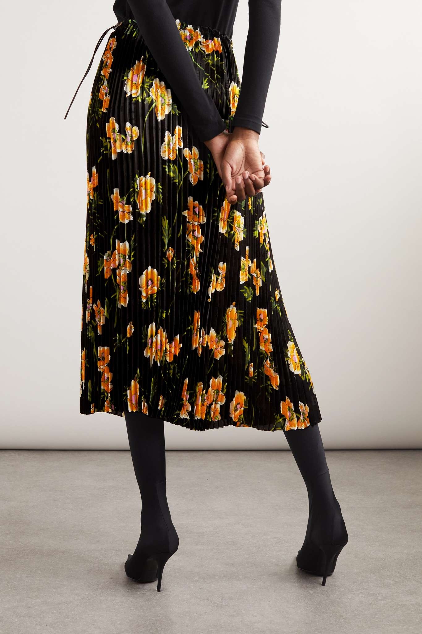 Floral-print plissé-satin midi skirt - 3