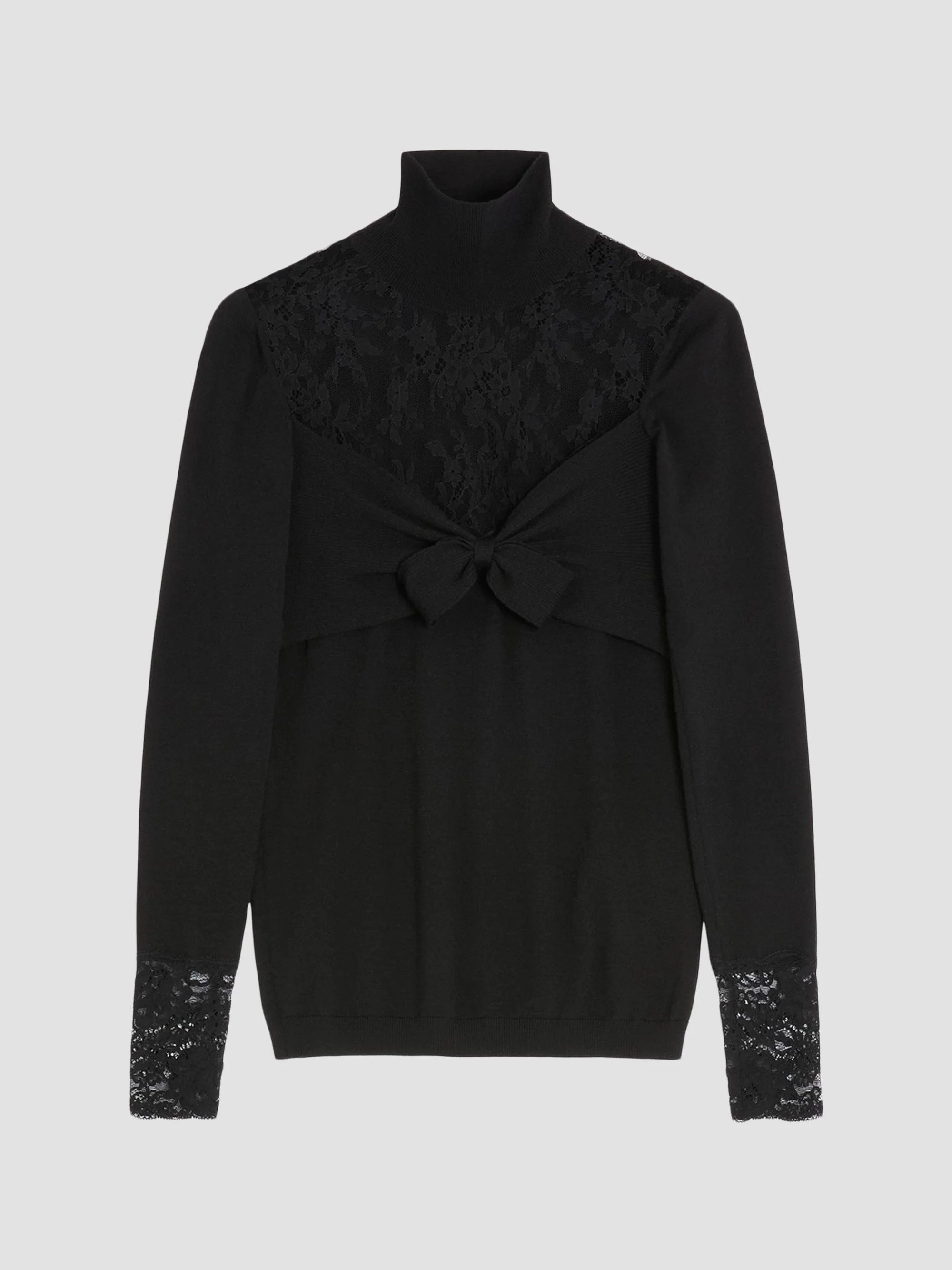 Women's Wool Sweater with Lace - Black - 1
