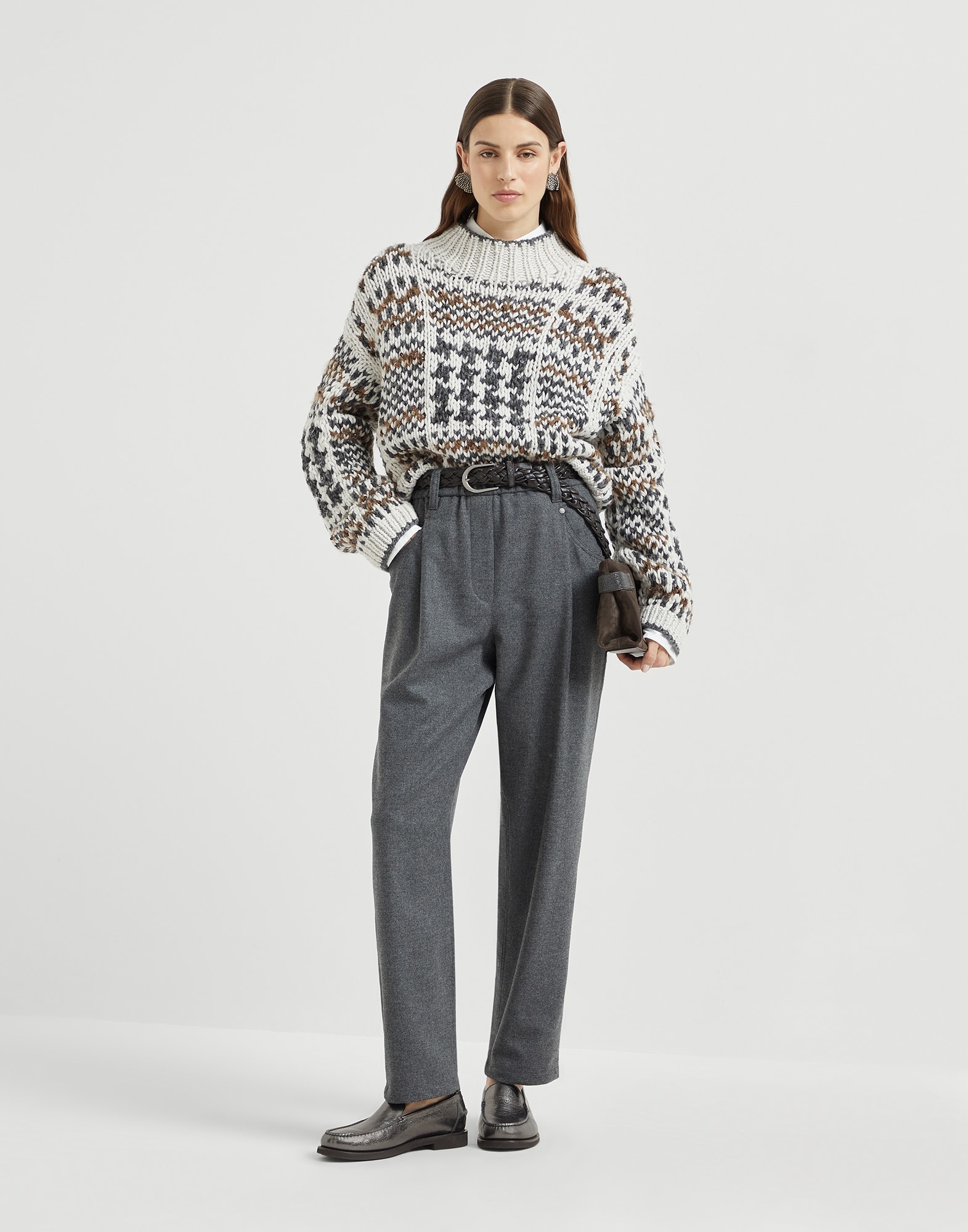 Virgin wool and cashmere twill flannel baggy trousers with monili - 4