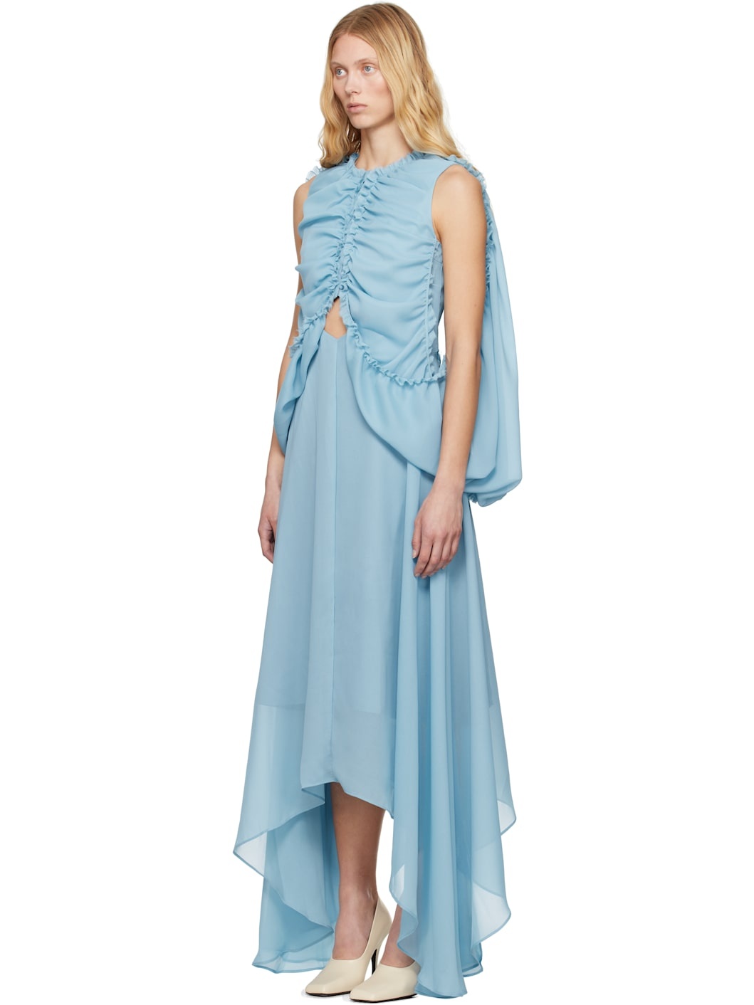 Blue Shirred Poncho Vest Midi Dress - 4