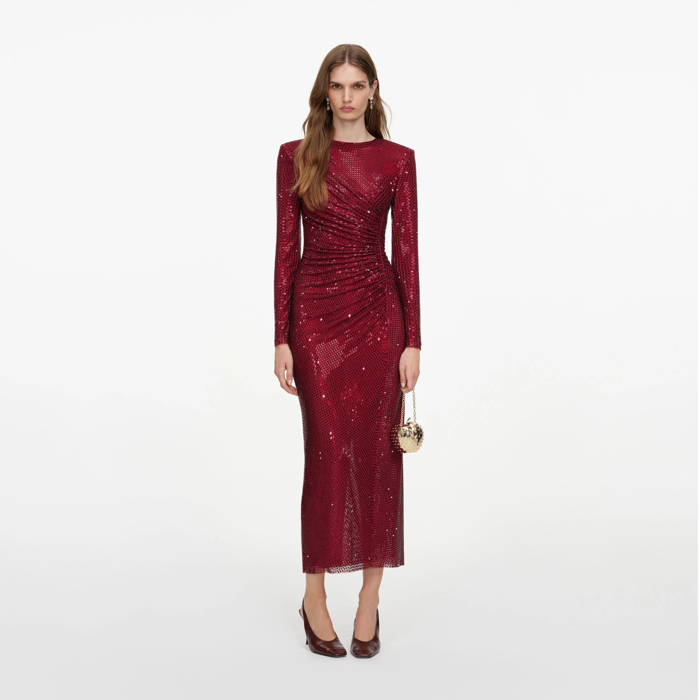 Burgundy Rhinestone Gathered Midi Dress - 1