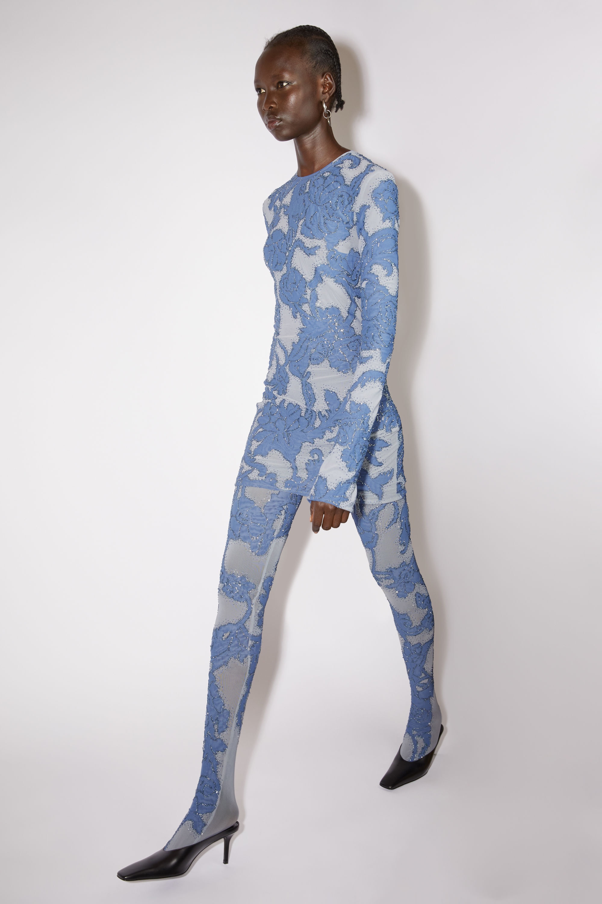 Embroidered mesh dress - Blue - 5