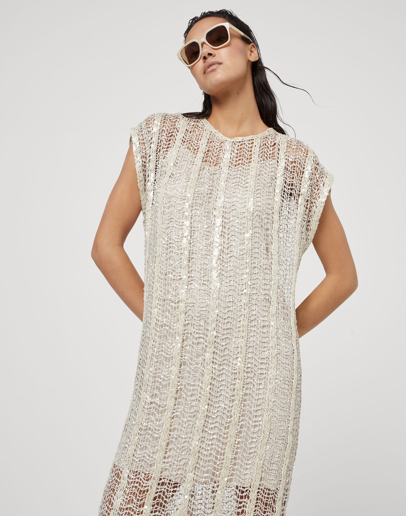 Dazzling striped net embroidery dress in techno raffia - 4