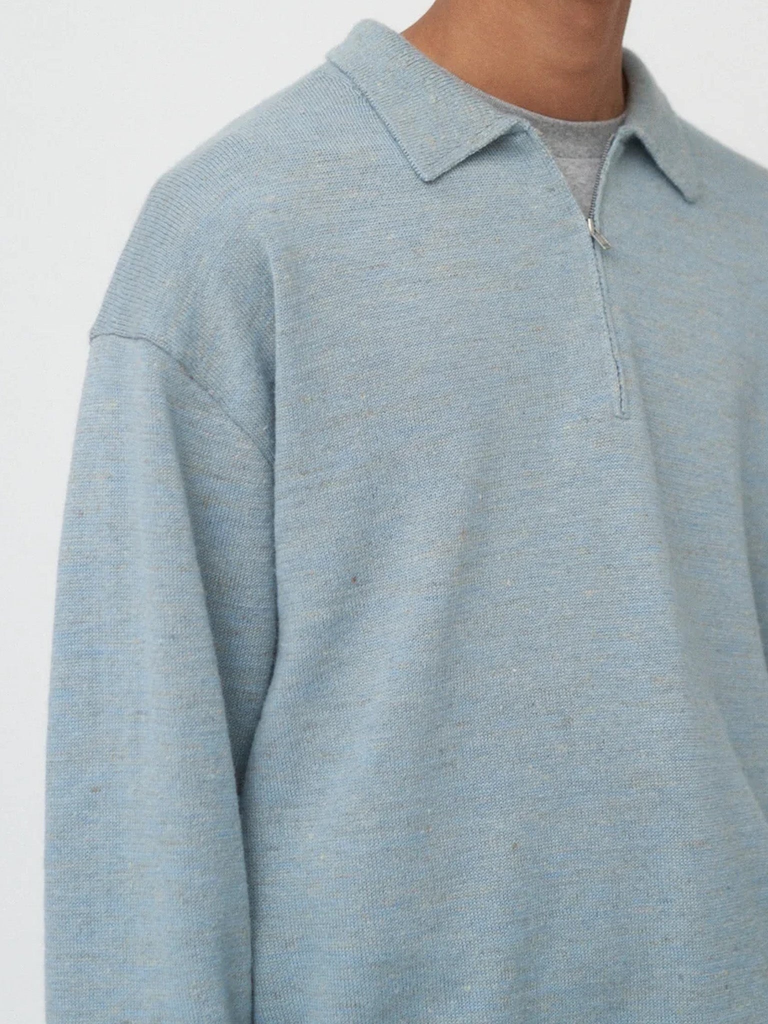 Baby Alpaca Linen Zip Up Polo Sweater - Sax - 2