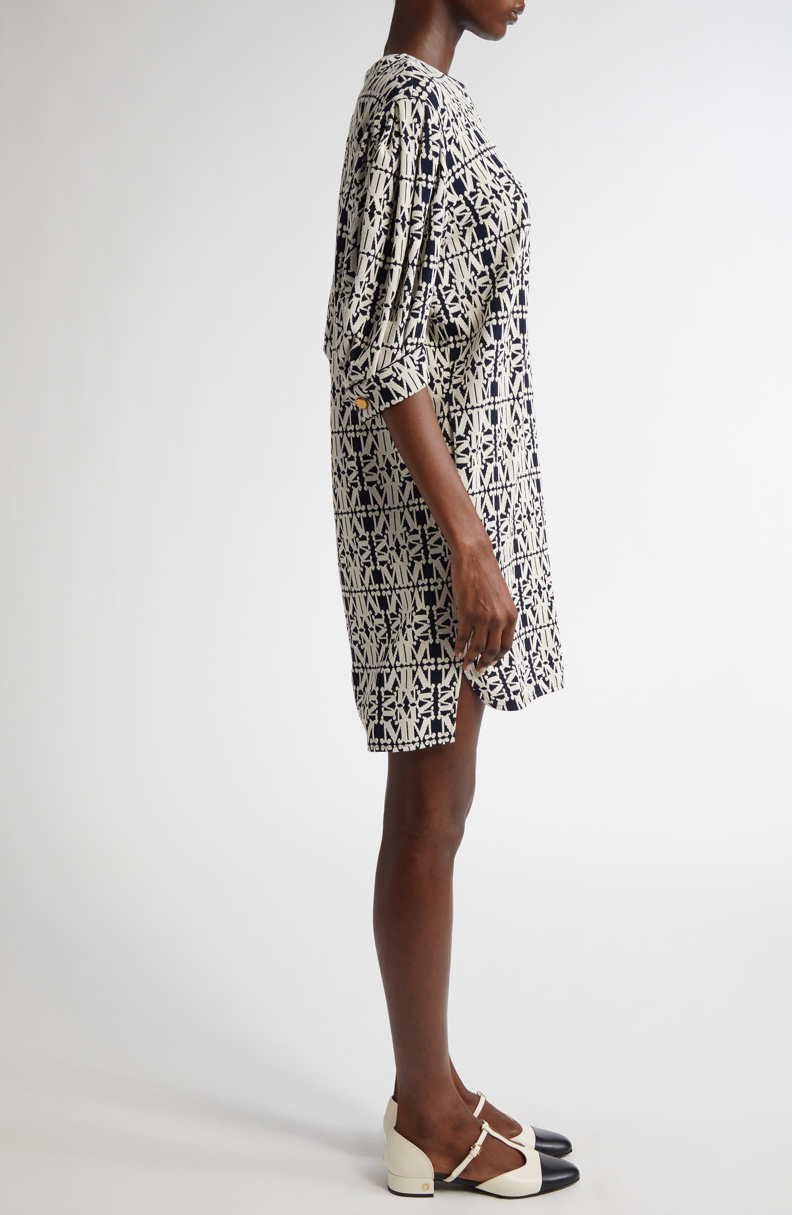 Max Mara Gustavo Monogram Puff Sleeve Cotton Piqué Dress in White/Blue at Nordstrom - 3