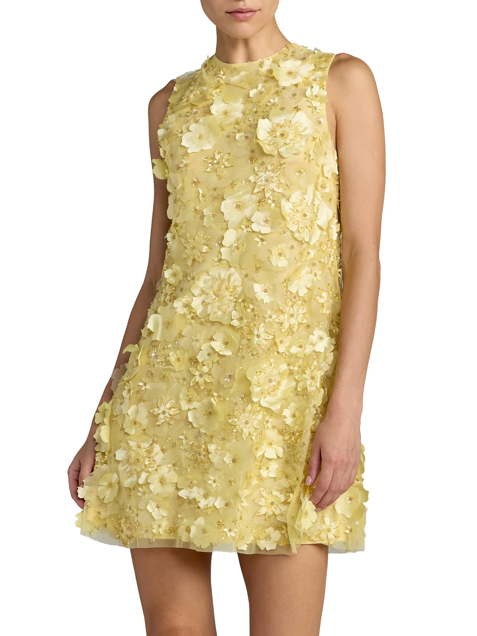 Women's Floral-Embellished Mesh Trapeze Minidress - Yellow - 1