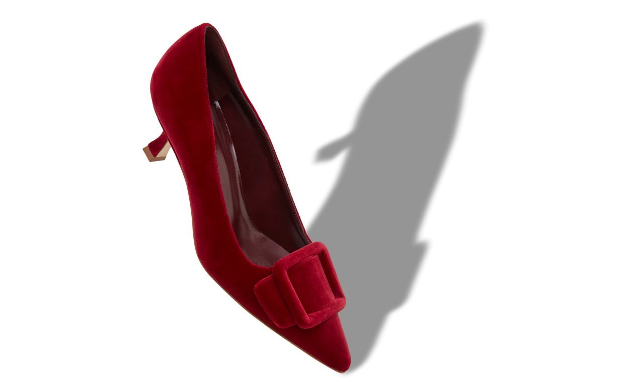 Dark Red Velvet Buckle Detail Pumps - 2