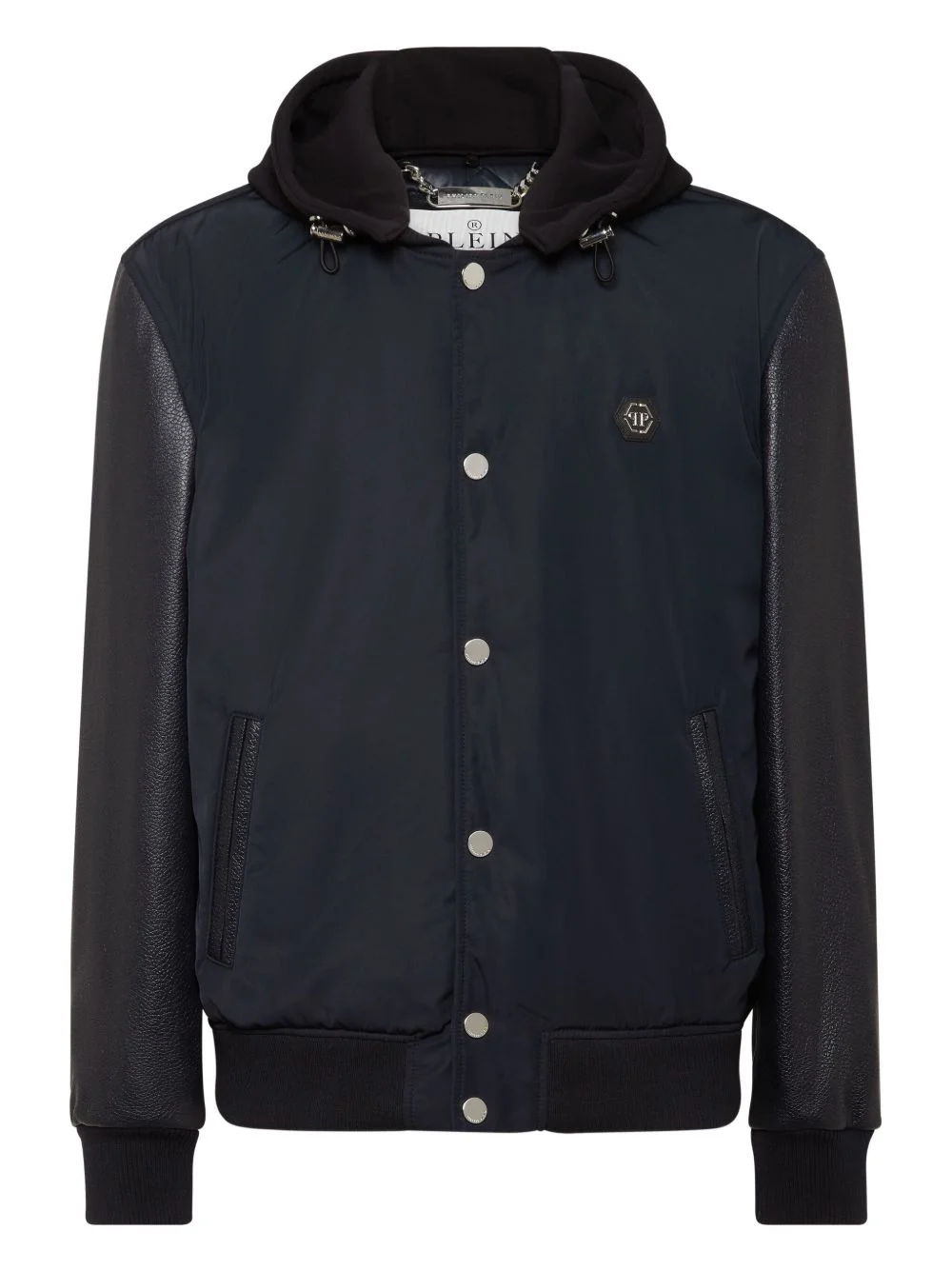 leather-sleeve hooded bomber jacket - 1