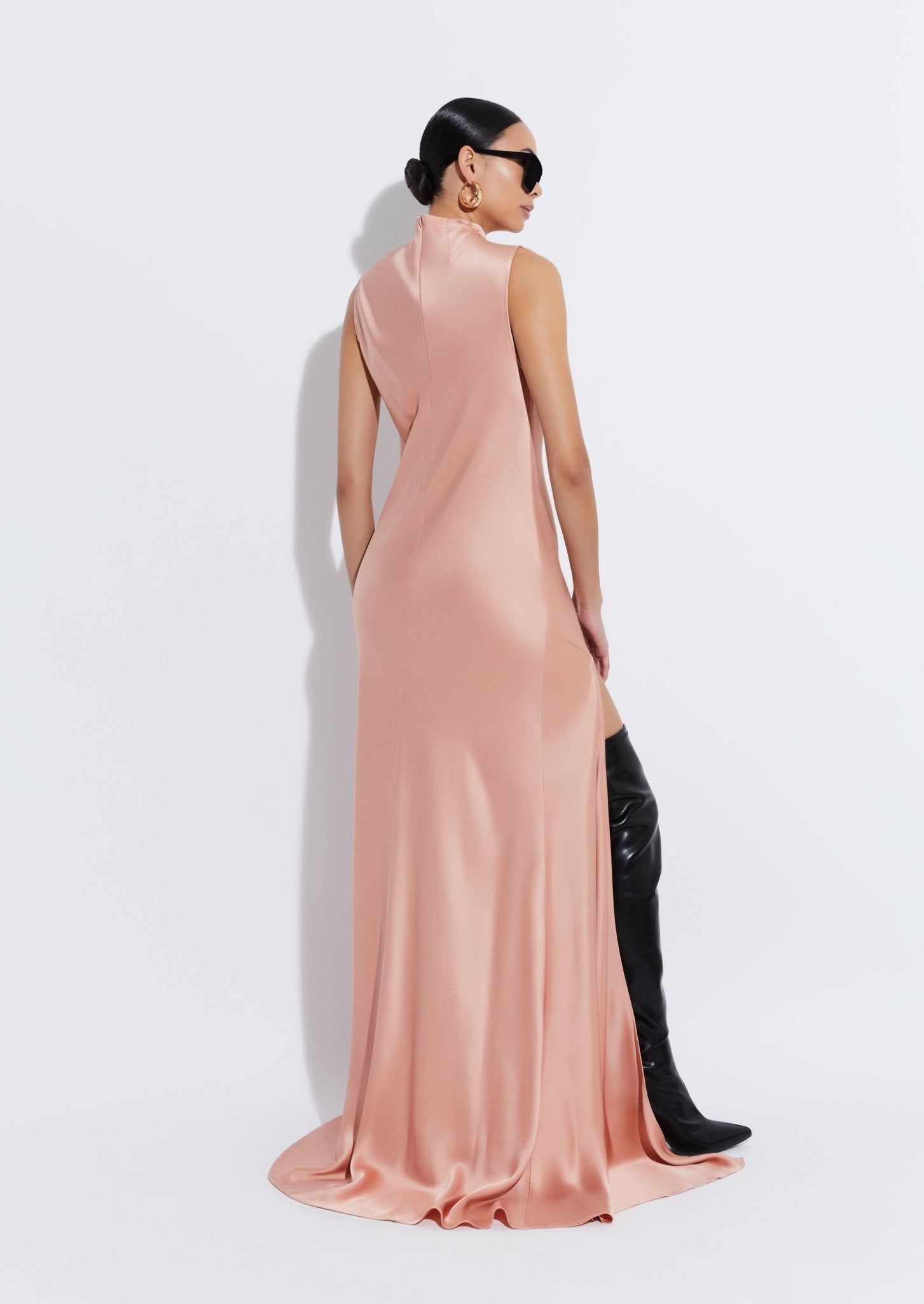 Satin Drape Neck Sleeveless Gown - 3