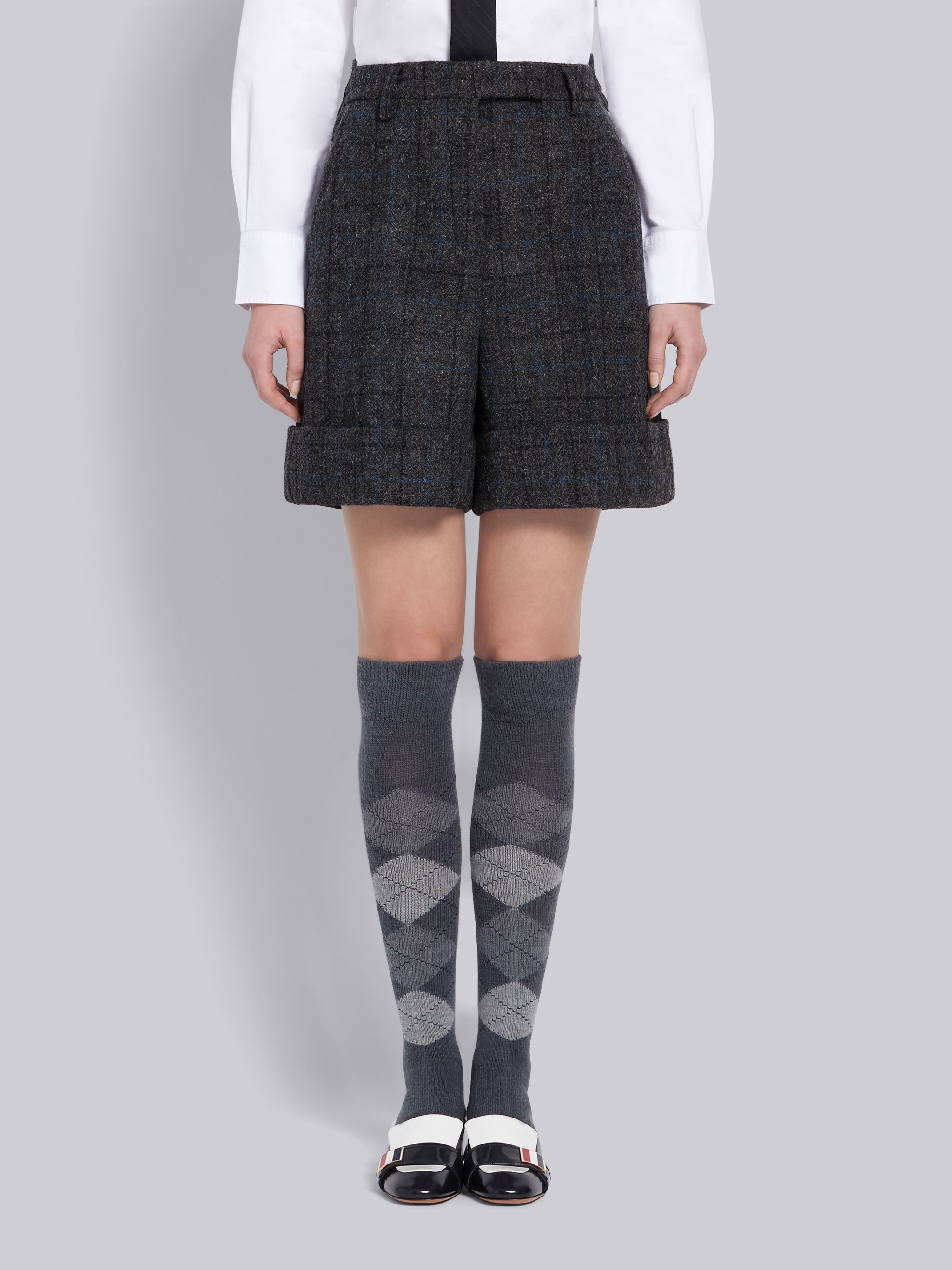 Dark Grey Wool Tattersall Check High Waisted Short - 1