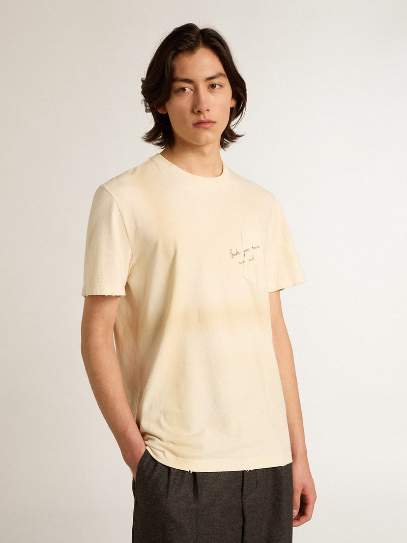 Aged white cotton T-shirt with lettering on the pocket 5