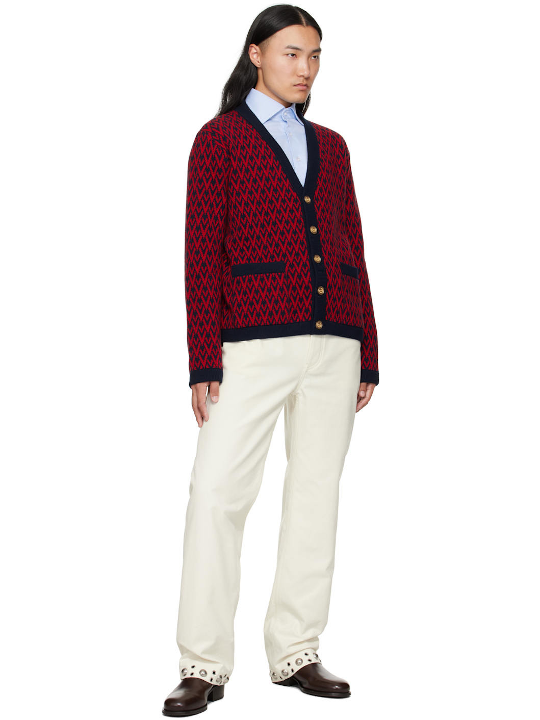 Red & Navy Wool 'Toute La V' Cardigan - 4