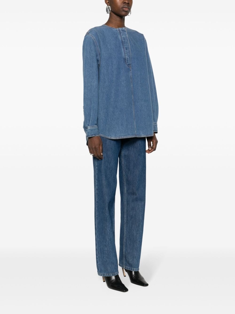 collarless denim shirt - 3