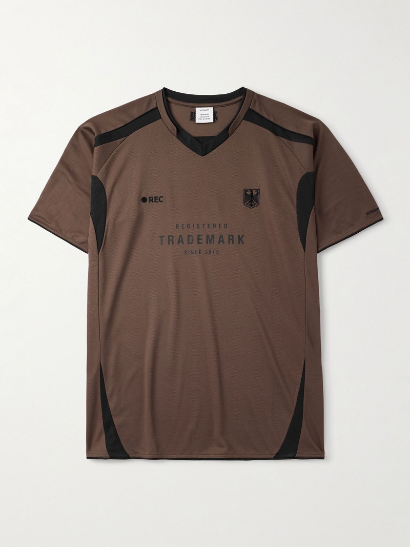 Printed Embroidered Panelled Cotton-Mesh T-Shirt Brown 1