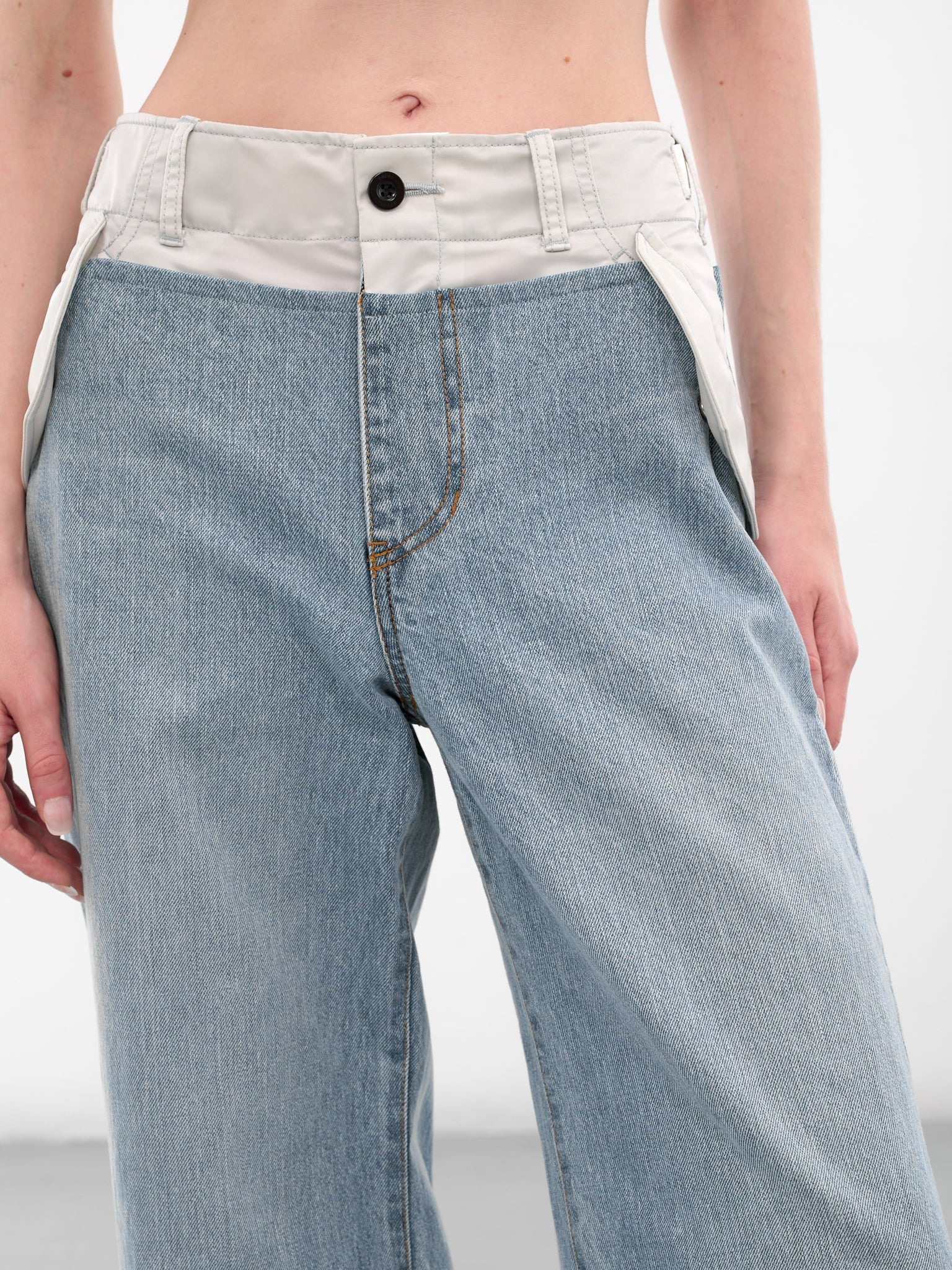 Nylon-Denim Paneled Wide Jeans - 4
