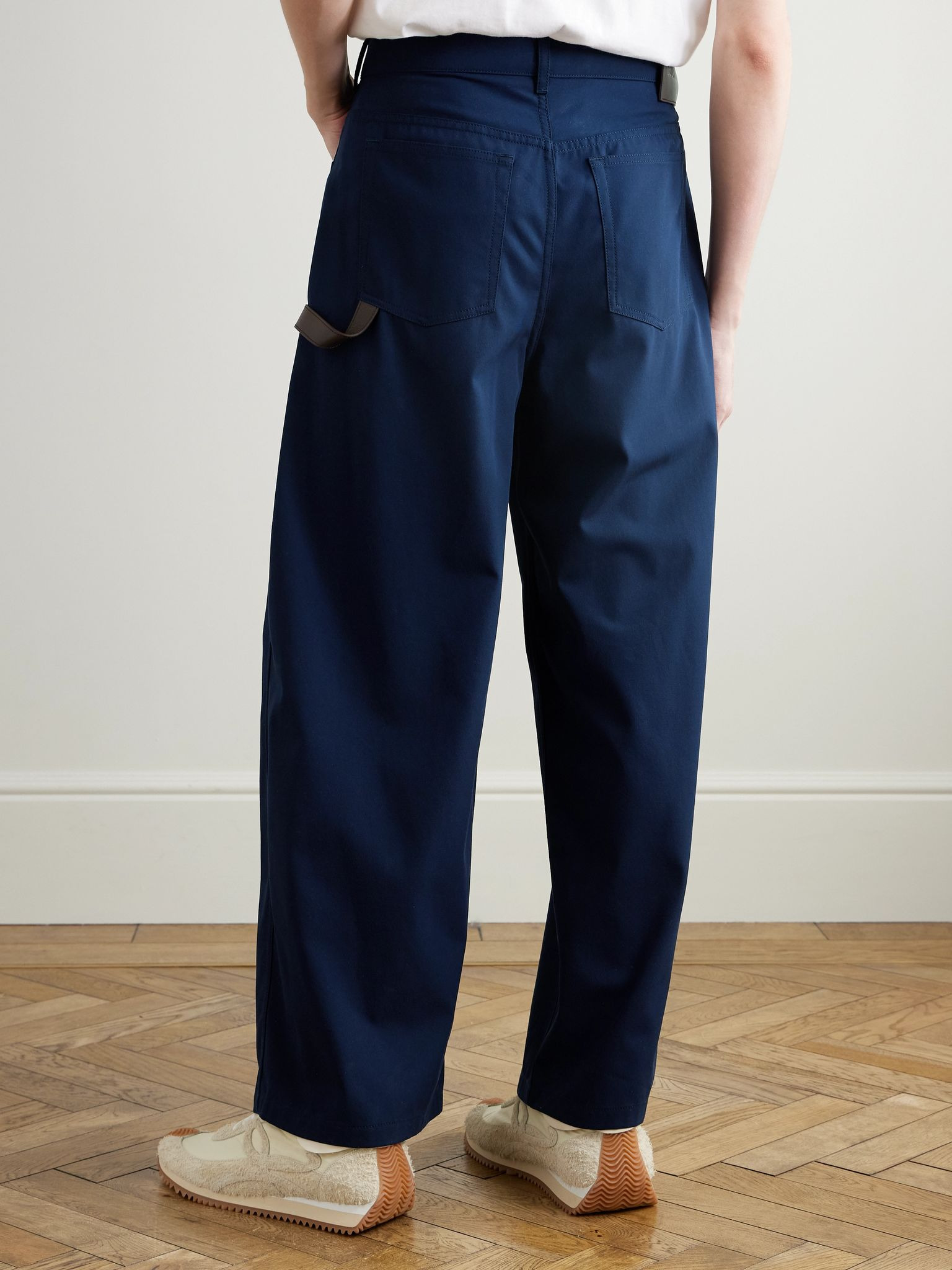 Carpenter Straight-Leg Leather-Trimmed Cotton-Twill Trousers Navy - 4