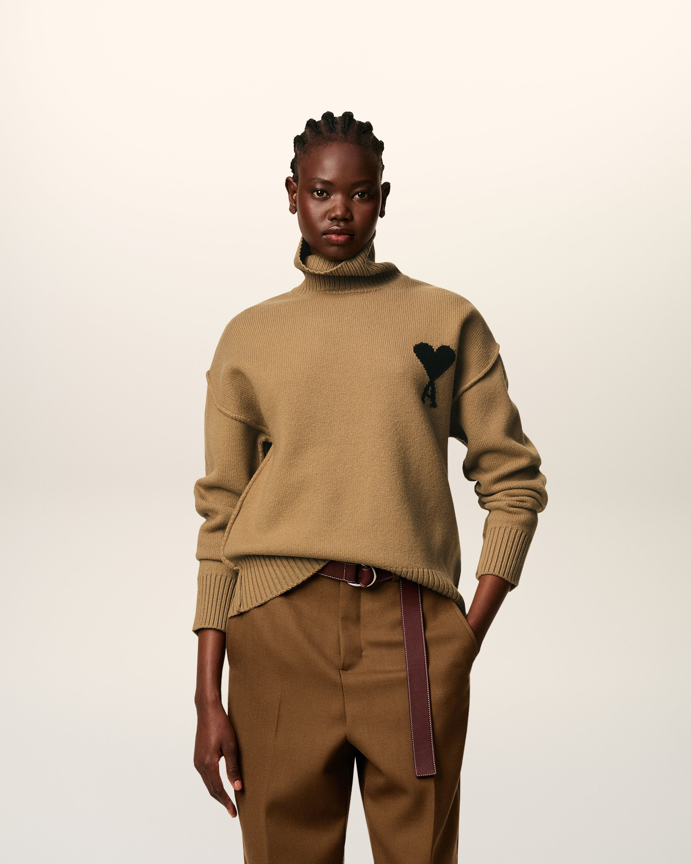 BROWN WOOL AMI DE COEUR FUNNEL NECK SWEATER - 2