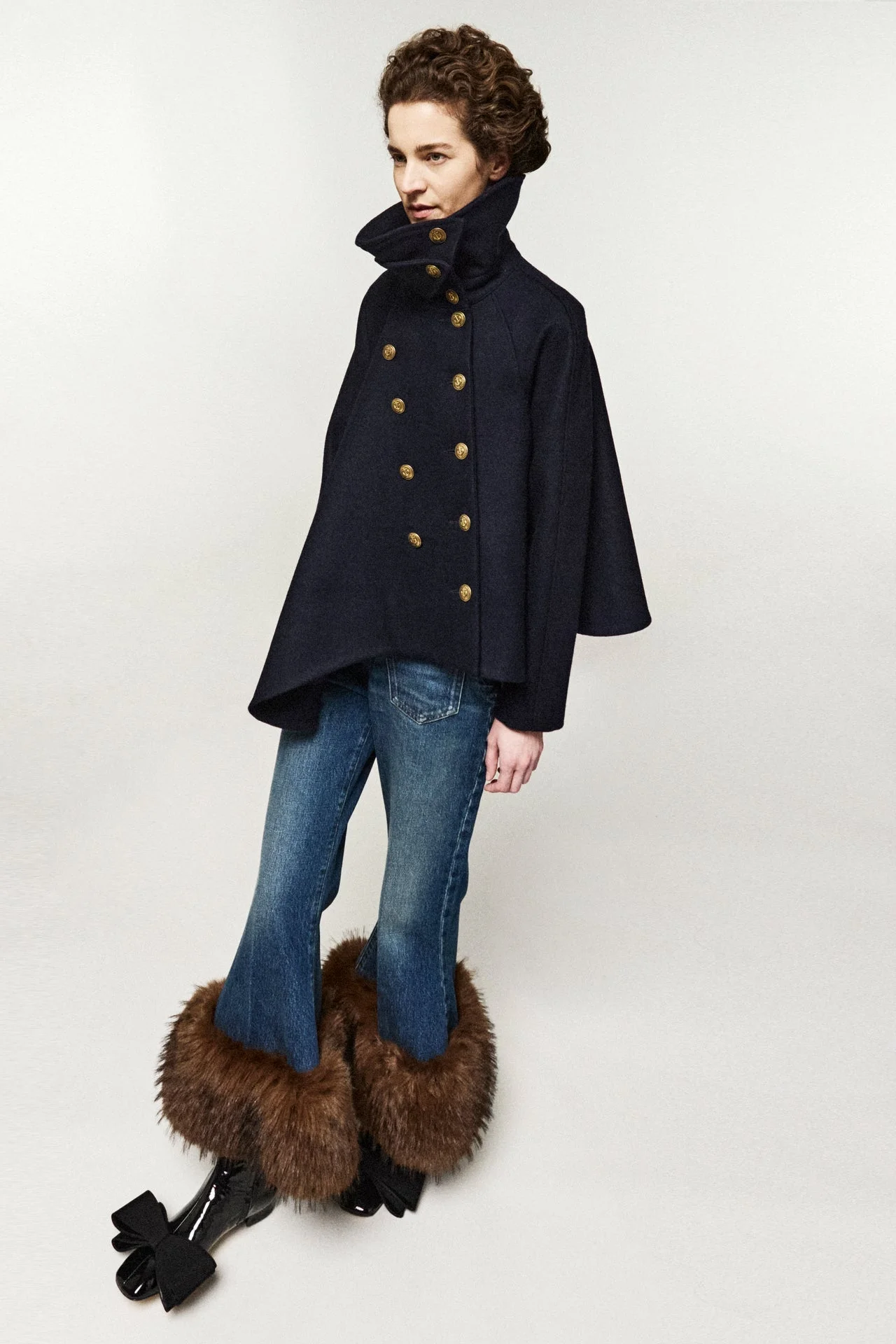 FLARED PEA COAT WITH HIGH COLLAR AND GOLD BUTTONS NAVY - 1
