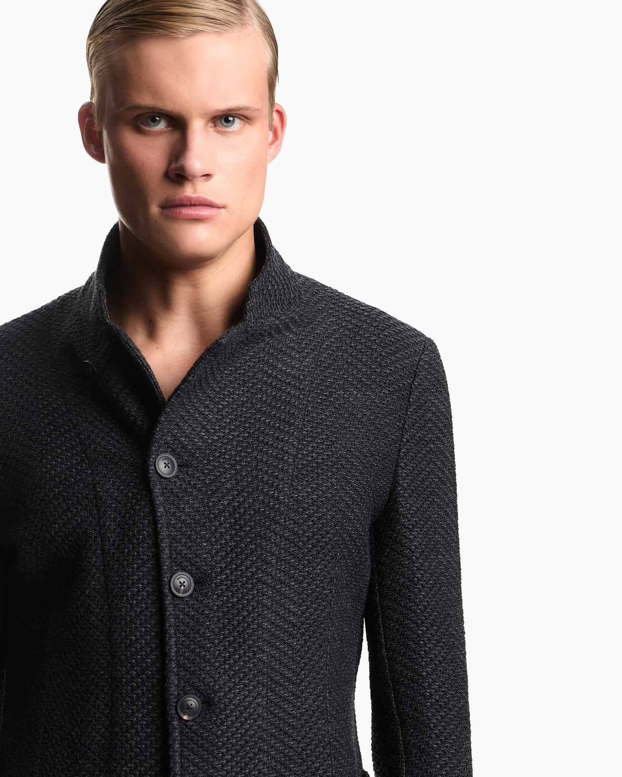 ICON GURU-COLLAR JACKET WITH OFF-CENTRE FASTENING IN A CHEVRON WOOL KNIT - 5