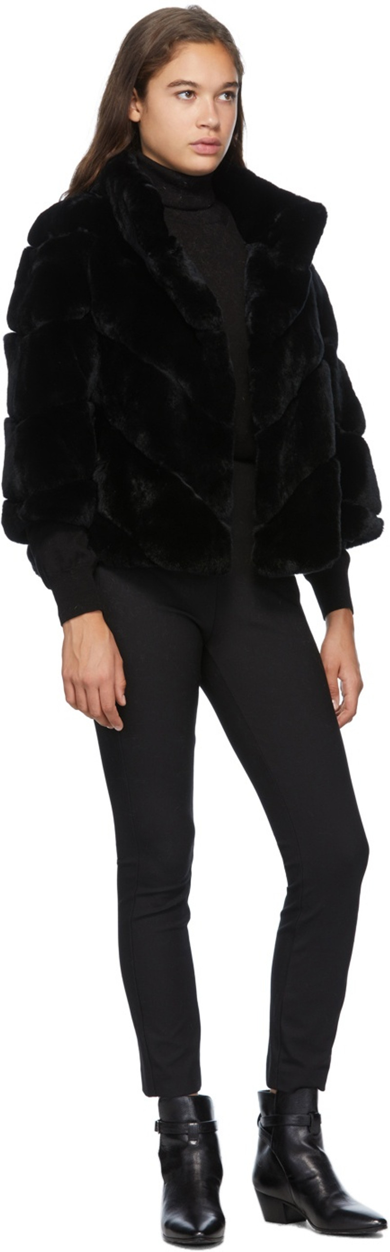 Black Three-Quarter Sleeve Rex Rabbit Fur Jacket 4