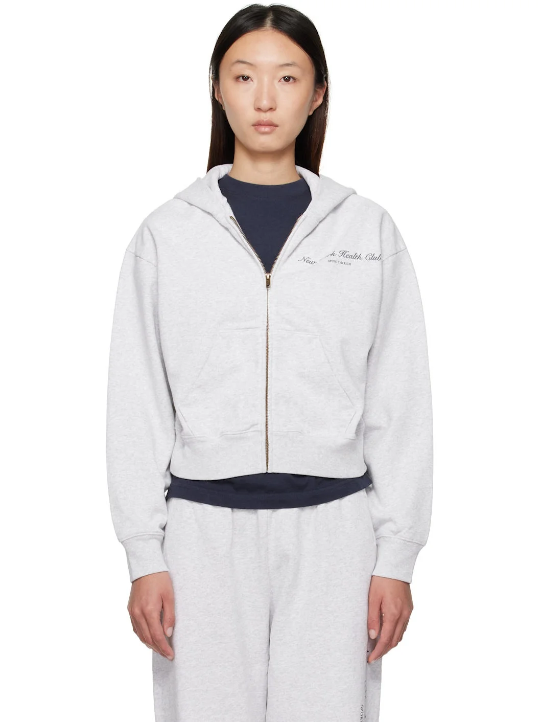 Gray 'NY Health Club' Cropped Zip Sports Hoodie - 1