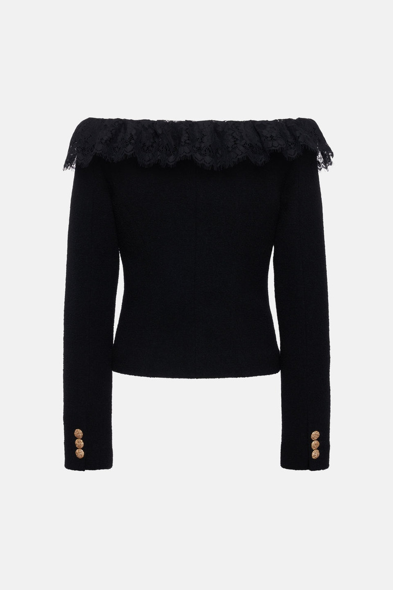 Alessandra Rich TWEED BOUCLE OFF THE SHOULDER JACKET W/LACE RUFFLE outlook
