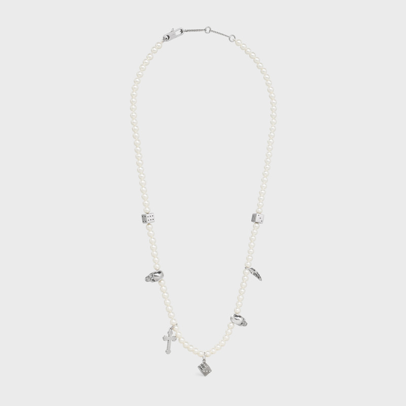 Celine Monochroms Charms Necklace in Brass with Rhodium Finish, Glass Pearls and Enamel 3