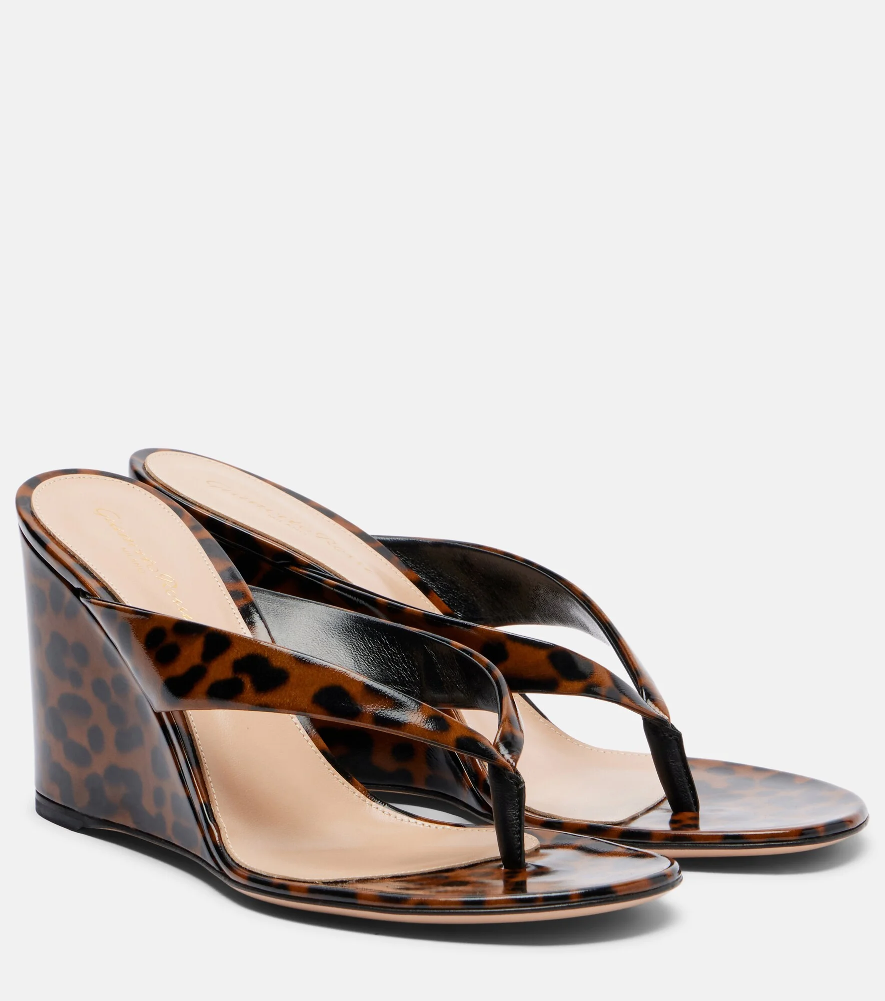 Leopard-print leather wedge thong sandals - 1